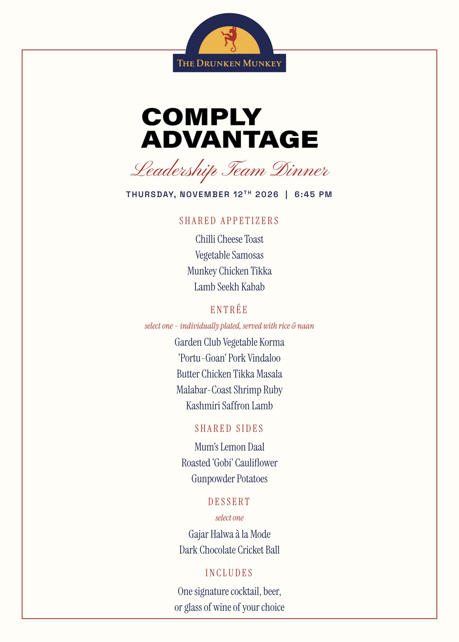A printed Drunken Munkey event menu for a seated dinner