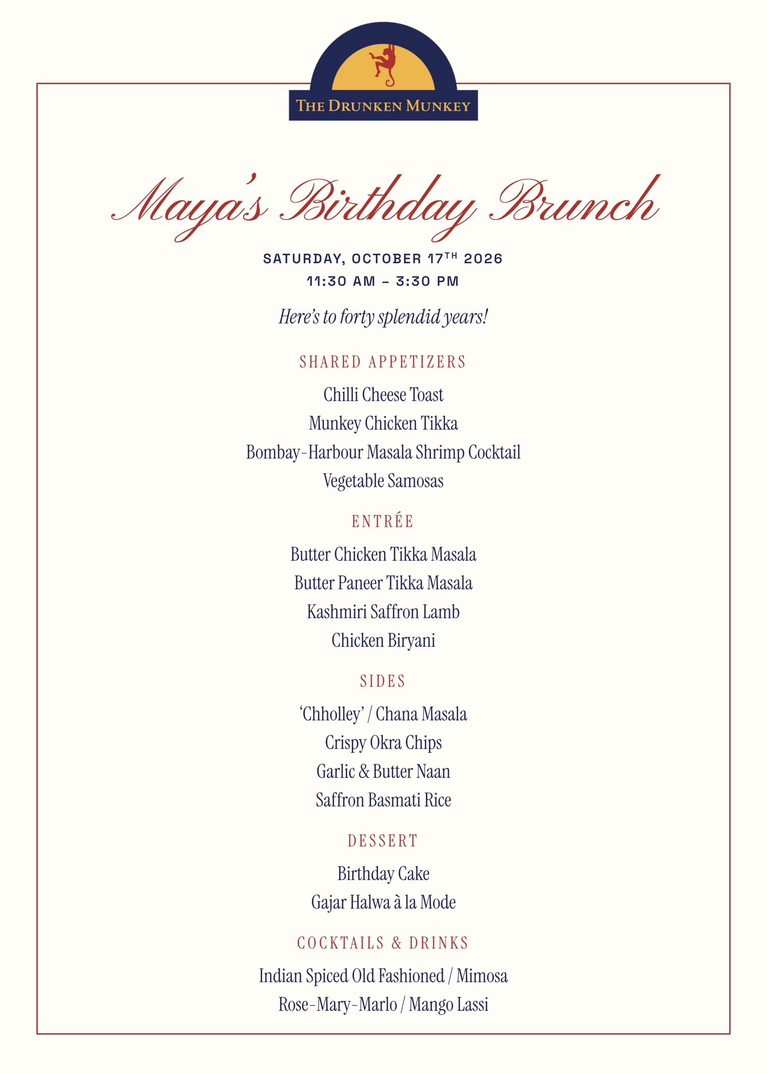 Sample personalized event menu &mdash; a birthday brunch card with the guest&rsquo;s name in script across the top