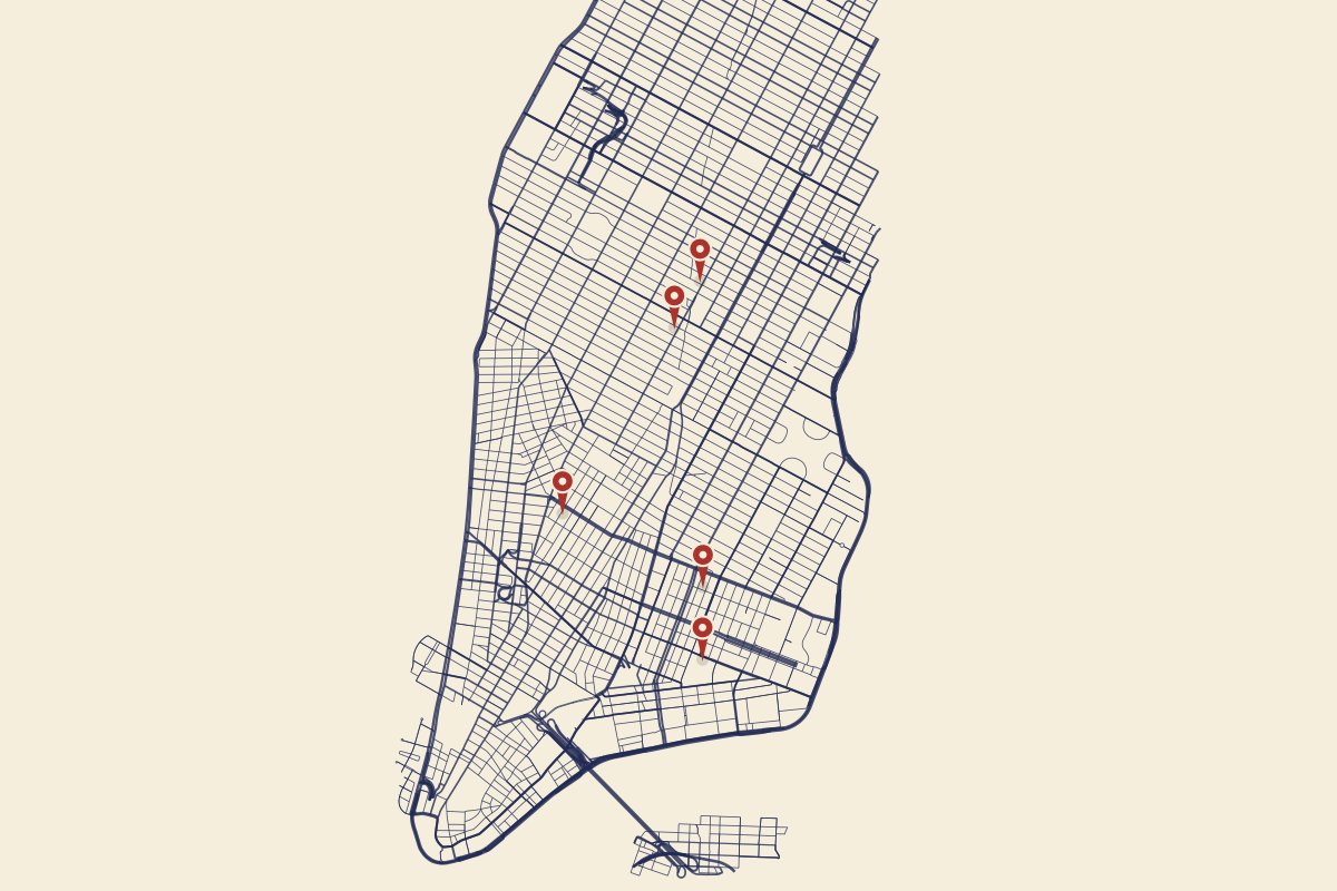 Map of lower Manhattan marking the five places in the guide