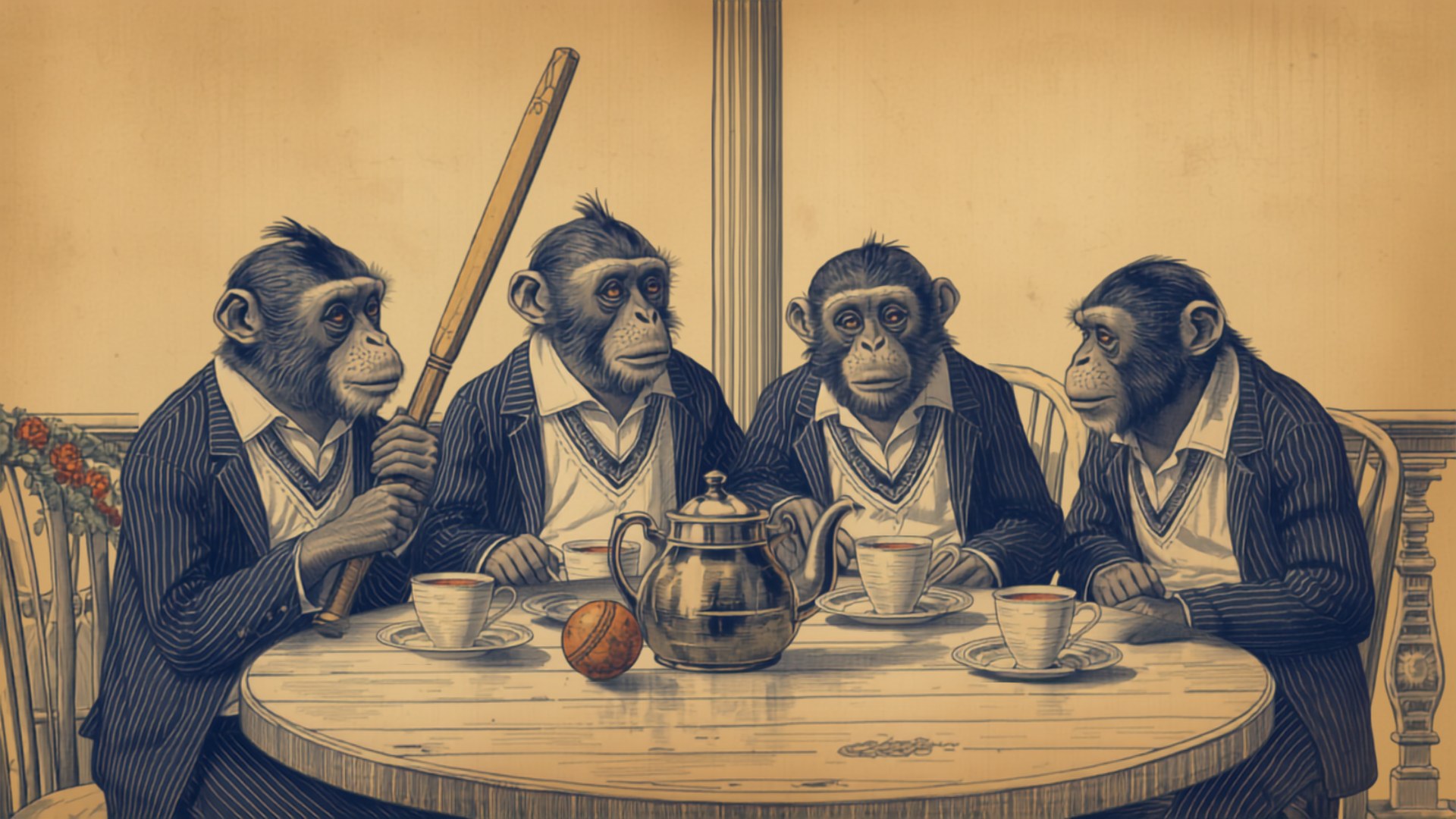 Vintage engraving of monkeys in cricket sweaters taking tea at the pavilion, one holding a bat, an orange cricket ball on the table