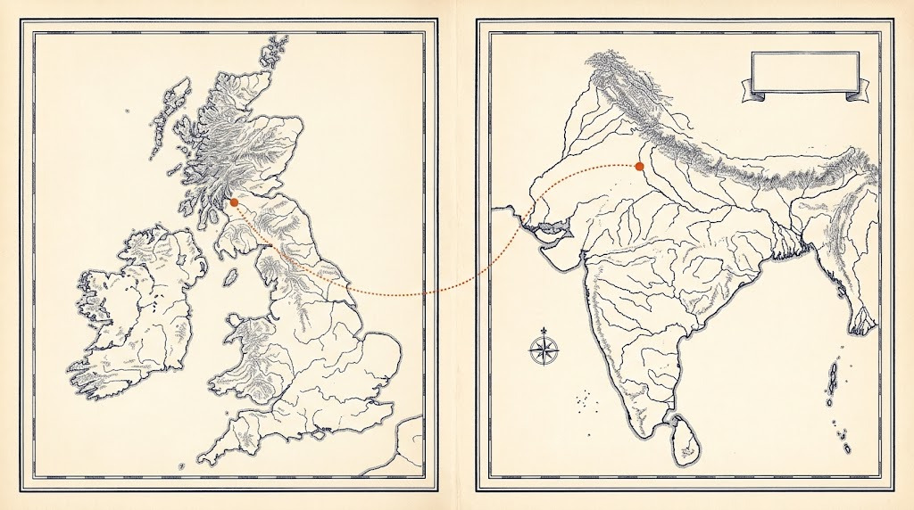 Wordless engraved map of the British Isles and the Indian subcontinent, a dotted route joining Glasgow and Delhi