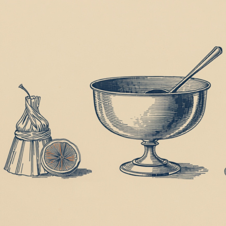 Engraved still life of a punch bowl and ladle ringed by its five makings