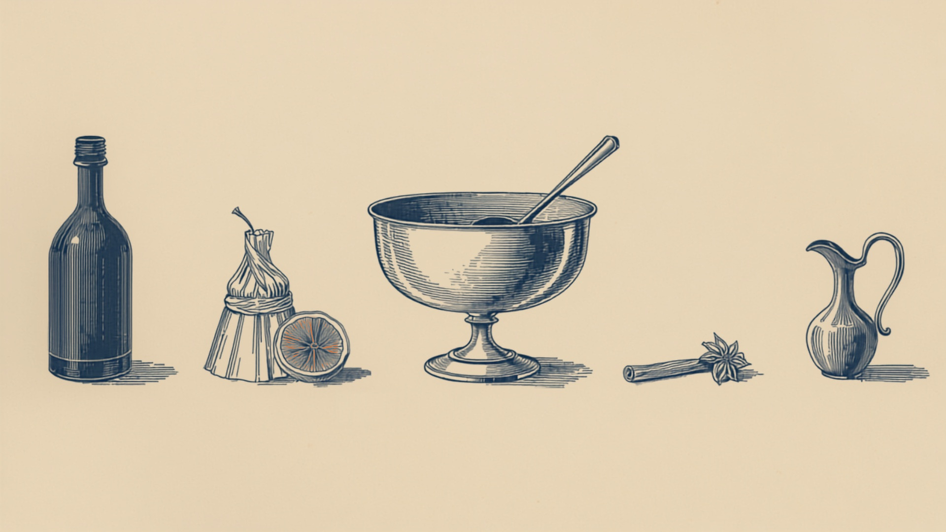 Engraved still life of a punch bowl and ladle ringed by its five makings — a bottle, a wrapped sugar loaf, halved citrus, a dish of whole spices, and a water ewer