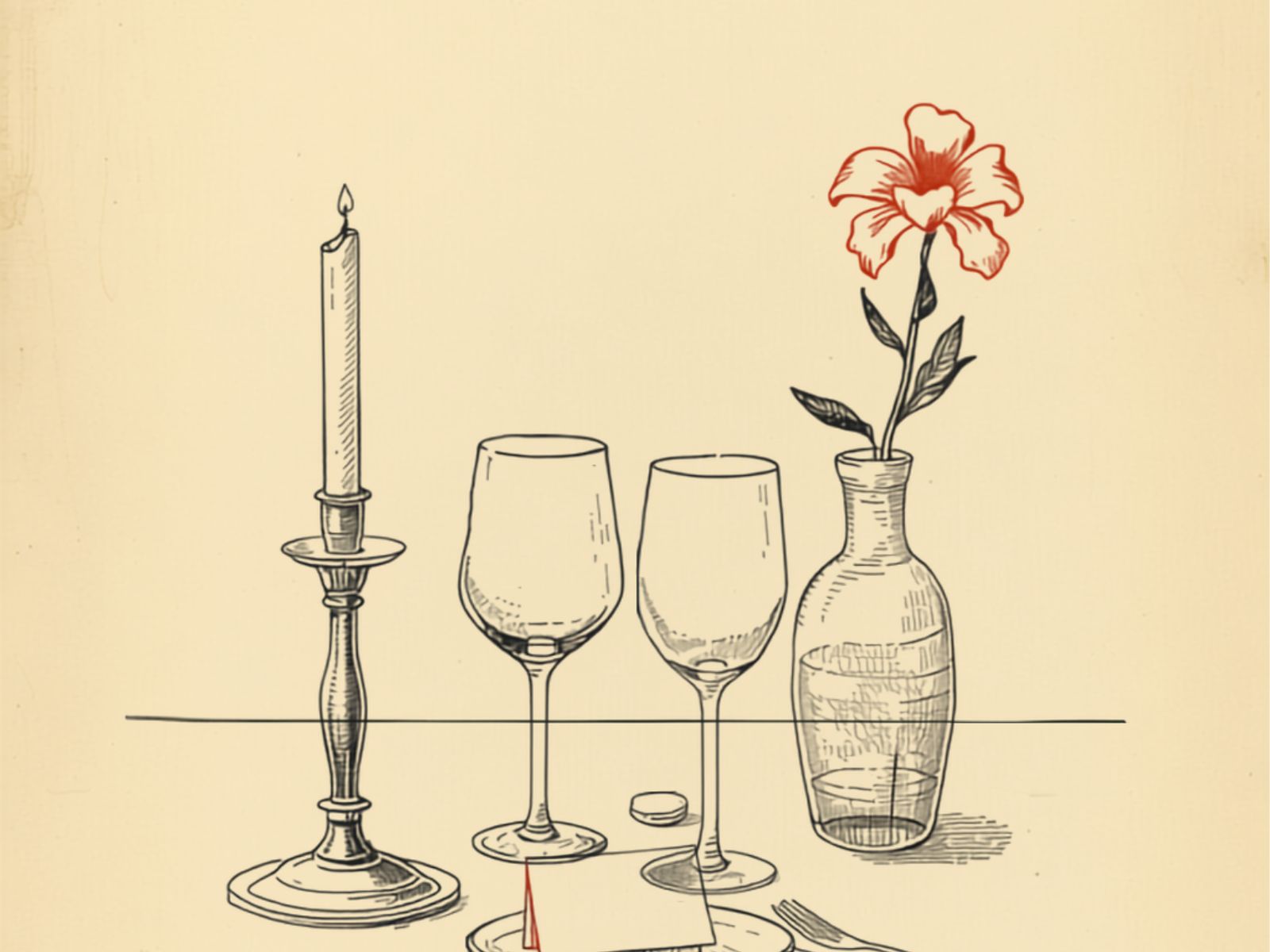 Vintage engraving of a lit candlestick, two wine glasses, and a vase with a single flower