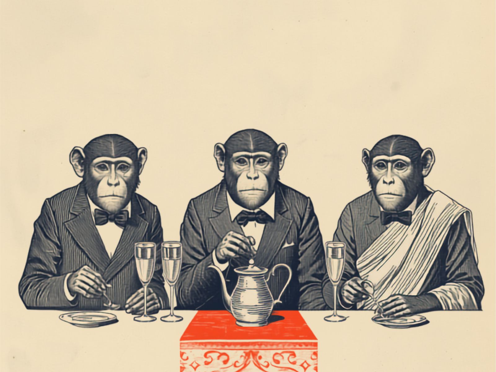 Vintage engraving of three monkeys in evening dress raising champagne flutes around a silver teapot on a red table runner