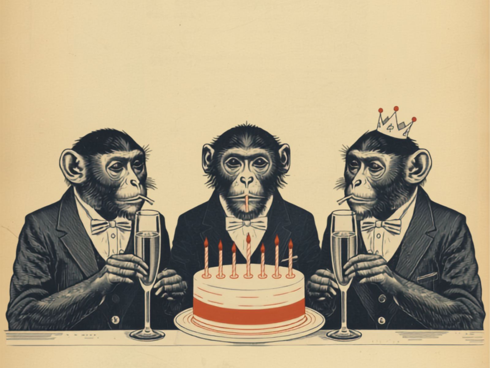 Vintage engraving of three monkeys in tuxedos gathered around a lit birthday cake, one wearing a paper crown