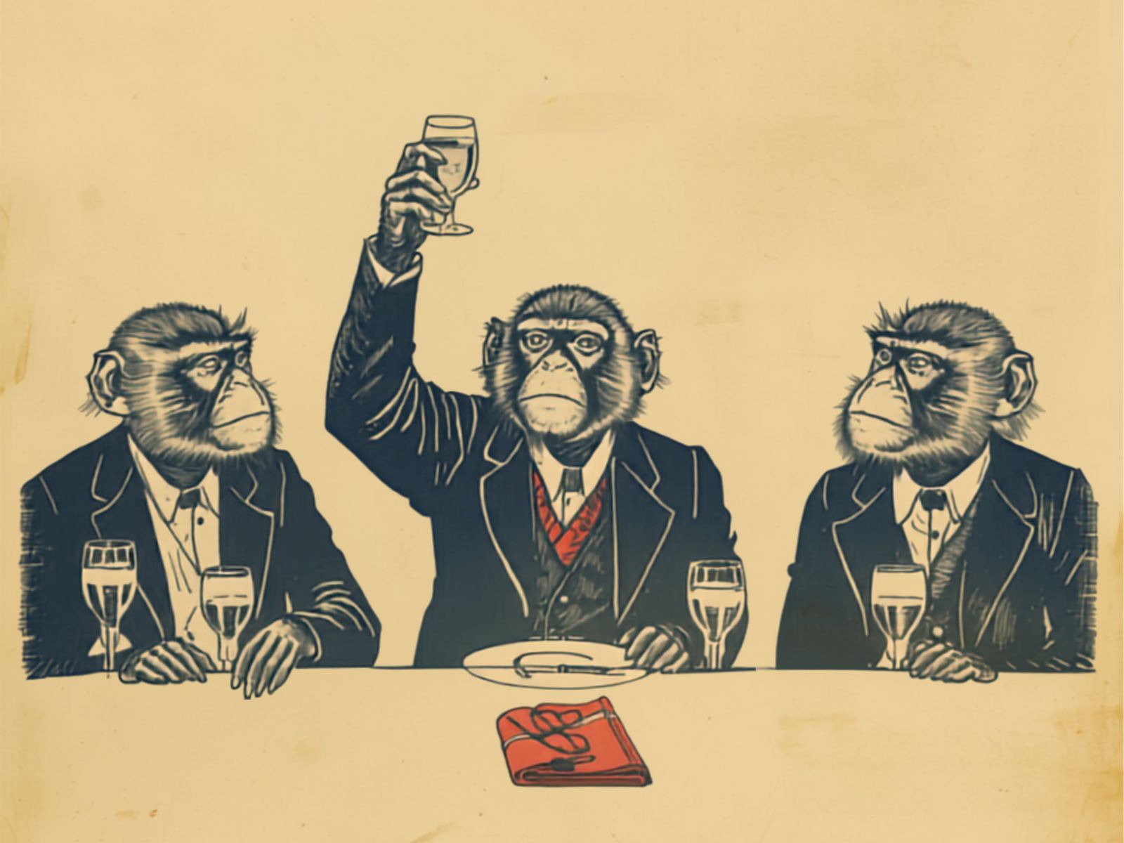 Vintage engraving of three monkeys in suits, the one in the center raising a wine glass in a toast