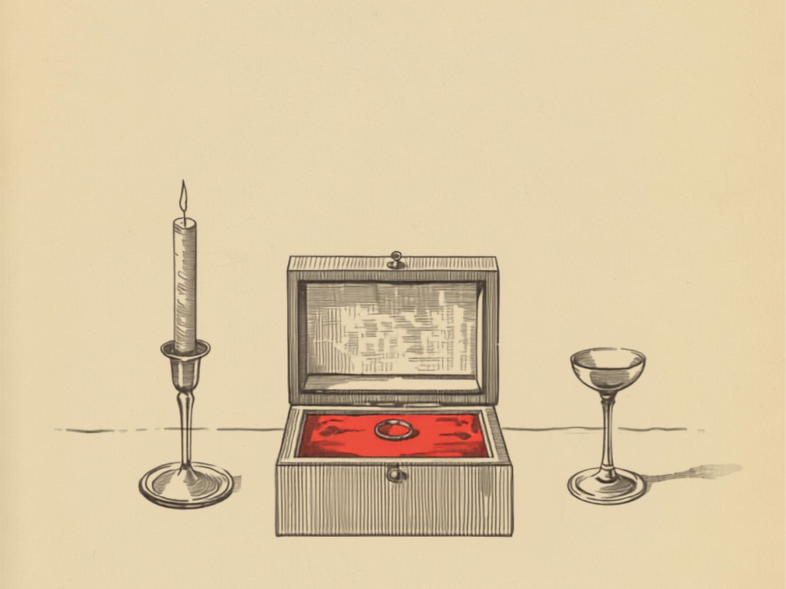 Vintage engraving of an open ring box with a ring on a red cushion, a lit taper candle and a coupe beside it