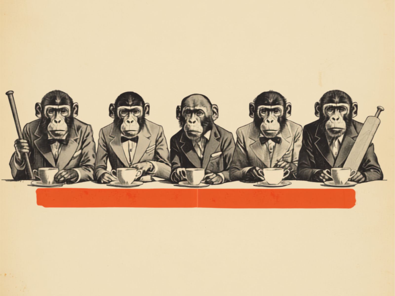 Vintage engraving of five monkeys in suits with teacups, cricket bats resting at either end of the table