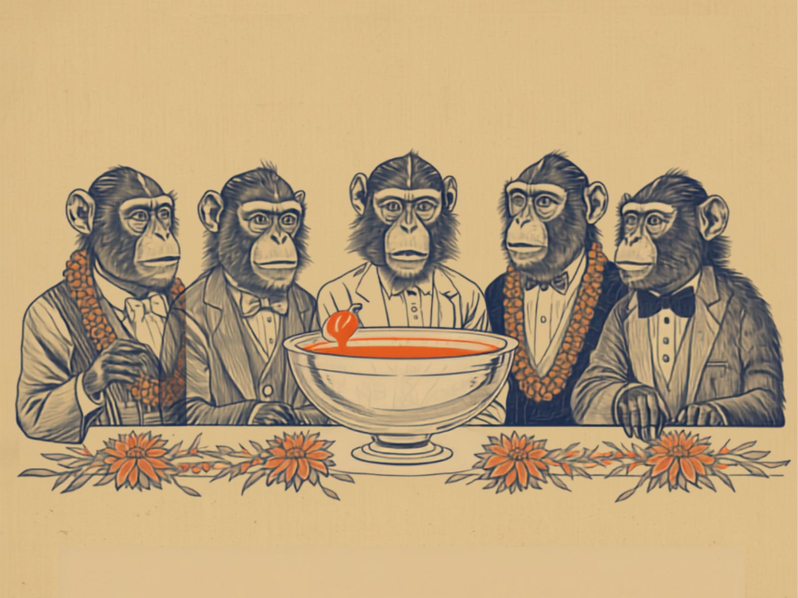 Vintage engraving of five monkeys in evening jackets and floral garlands gathered around a punch bowl