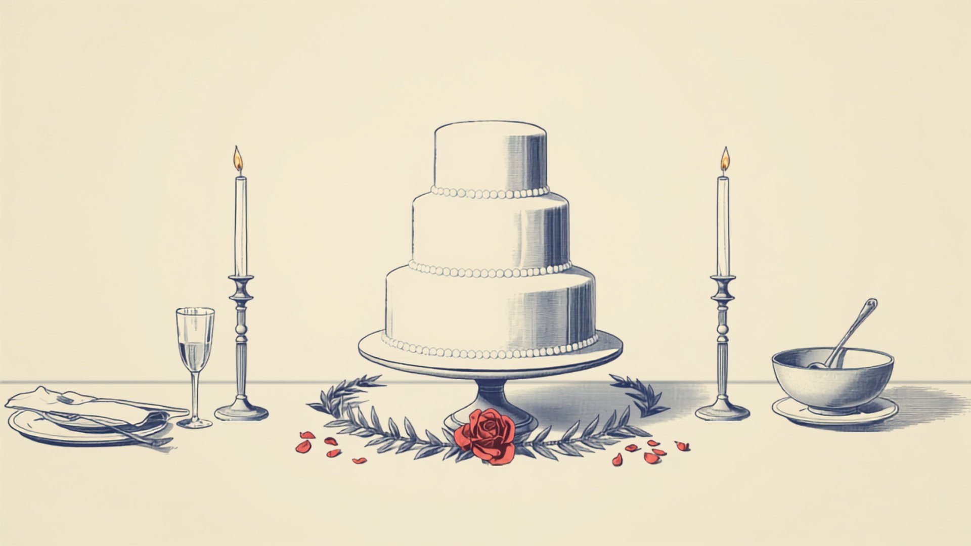 Vintage engraving of a three-tier pearl-piped wedding cake on a stand, flanked by lit tapers and a laurel garland with a single red rose, a champagne coupe and a punch bowl set alongside