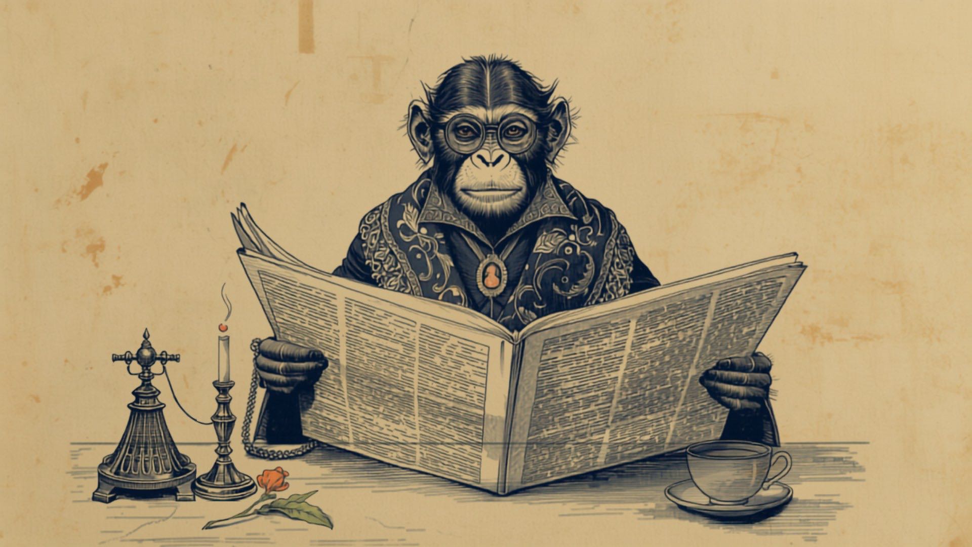 Vintage engraving of a bespectacled monkey in a high-collared gown and shawl, reading a broadsheet newspaper at a writing desk by candlelight